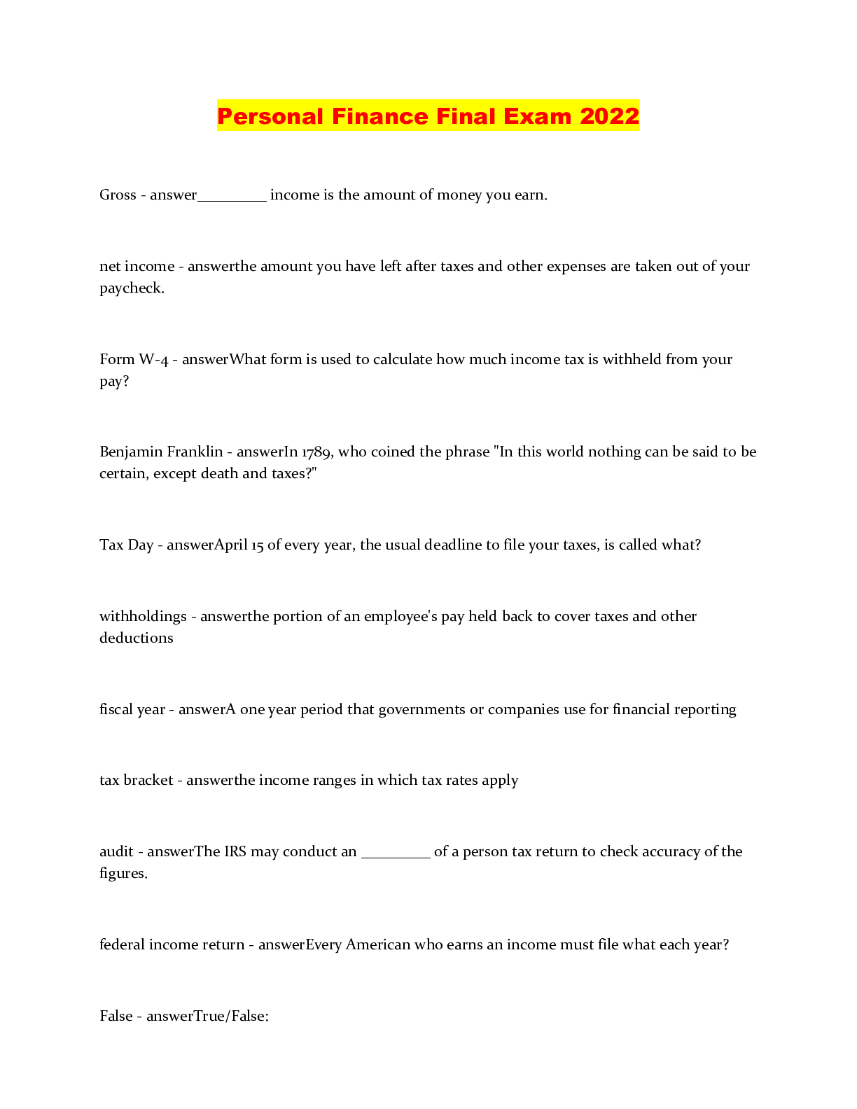 Personal Finance Final Exam 2022 Browsegrades